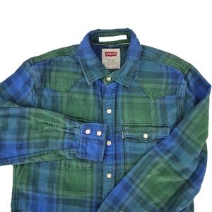 Levi's Shirt Mens Small Blue Green Plaid Western Pearl Snap Modern Fit Cotton‎